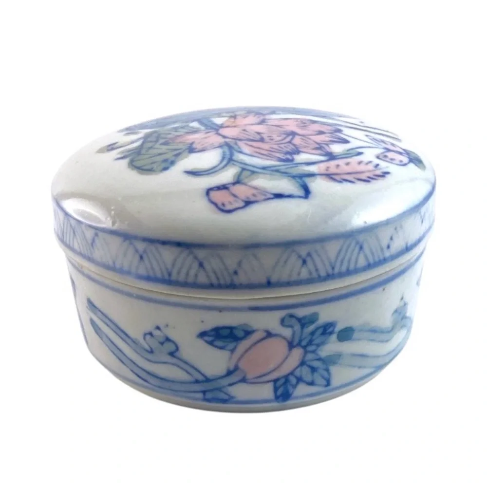 Vintage Chinese Porcelain Trinket Box Jewelry Holder Lotus Butterfly Chinoiserie